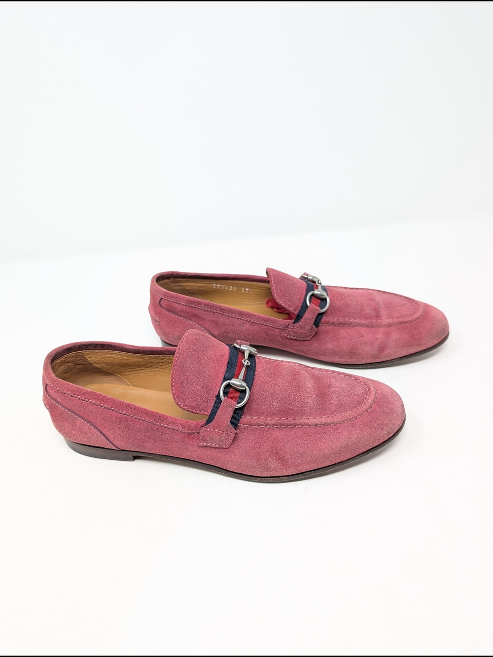 Gucci Jordaan Pink Suede Web Horsebit Loafers Flats Gg Size 37.5